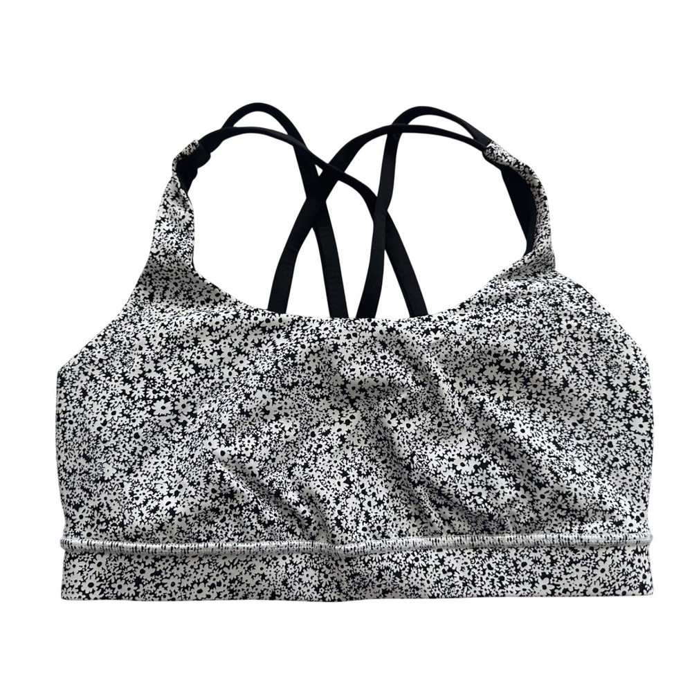 Lululemon Energy Bra Ditsy Daisy White Black / Black Strappy Sports Bra Size 8